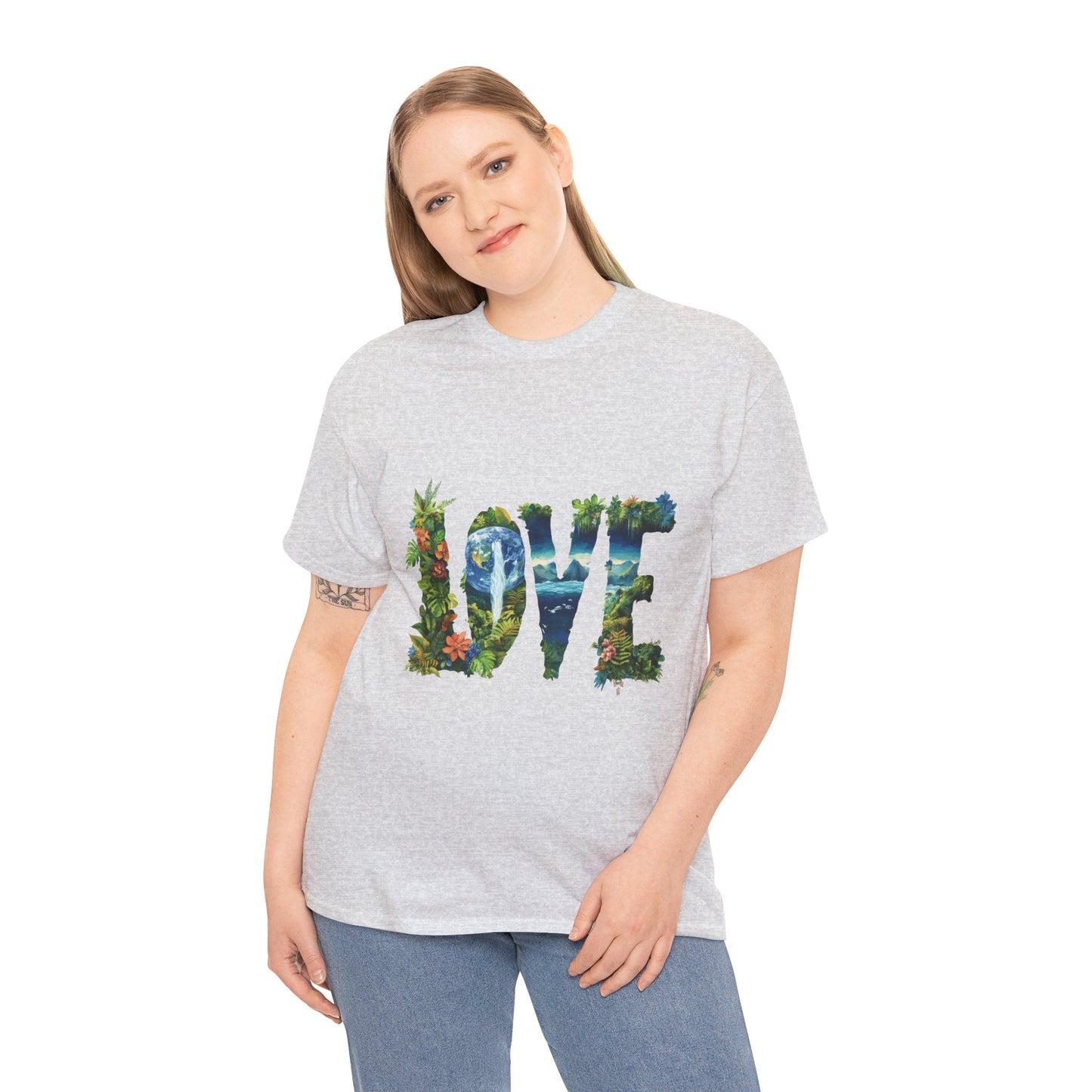 LOVE Nature Art Womens Heavy Cotton Tee, Earth Day Jungle Forest Graphic T-Shirt, Eco Friendly Gift Shirt, Nature-Inspired Love Tee