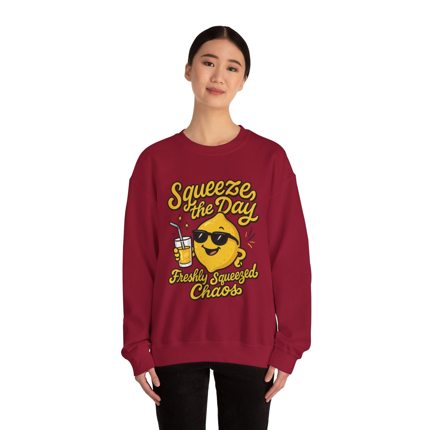 Funny Lemon Womens Sweatshirt - Squeeze The Day Freshly Squeezed Chaos Cozy Pullover - Citrus Positive Crewneck Sweatshirt, Cheerful Fashion