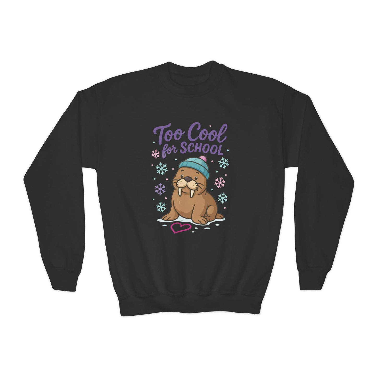 Youth Crewneck Sweatshirt, Kids Too Cool for School Walrus Sweatshirt, Funny Animal Pullover, Cute Winter Top