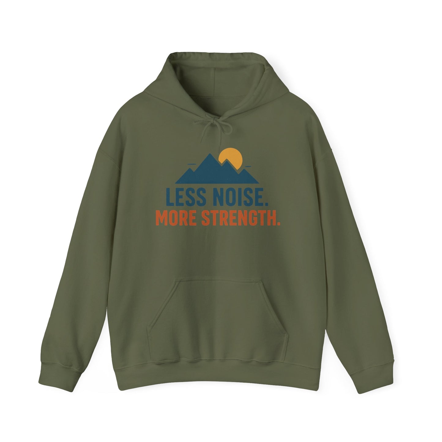 Men’s Less Noise More Strength Hoodie, Motivational Mountain Graphic Pullover, Mens Heavy Blend™ Hooded Sweatshirt