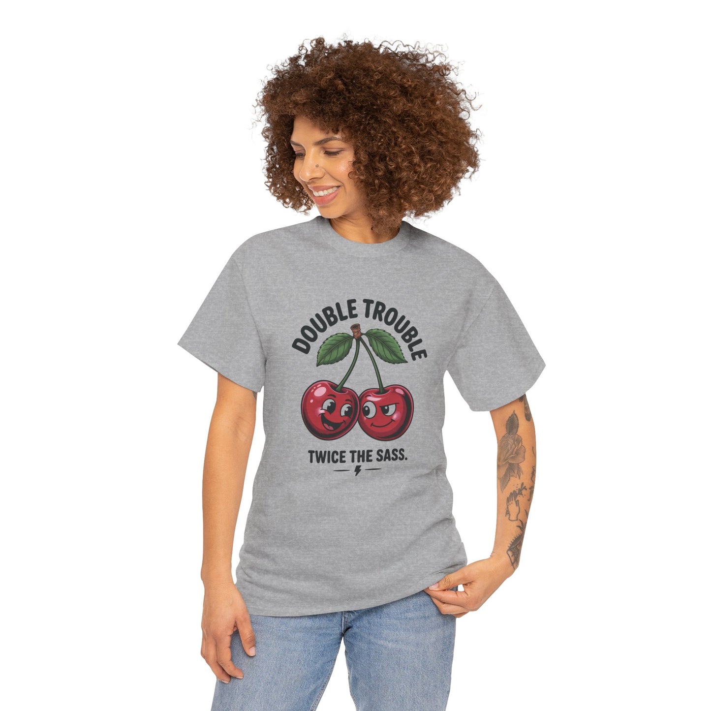 Double Trouble Cherry Graphic Tee, Funny Cute Womens T-Shirt, Twice the Sass Quote Shirt, Sassy Cherry Cartoon Gift