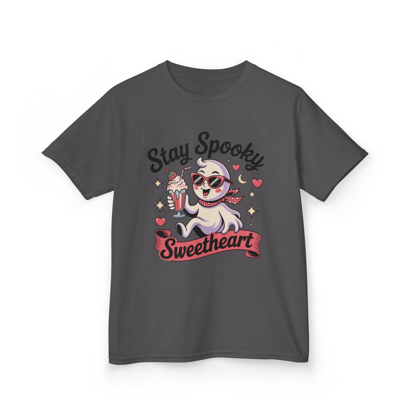 Girls Halloween Ghost T-Shirt, Stay Spooky Sweetheart Tee for Kids, Cute Retro Style Tween Girl Outfit Gift, Kids Heavy Cotton™ Tee