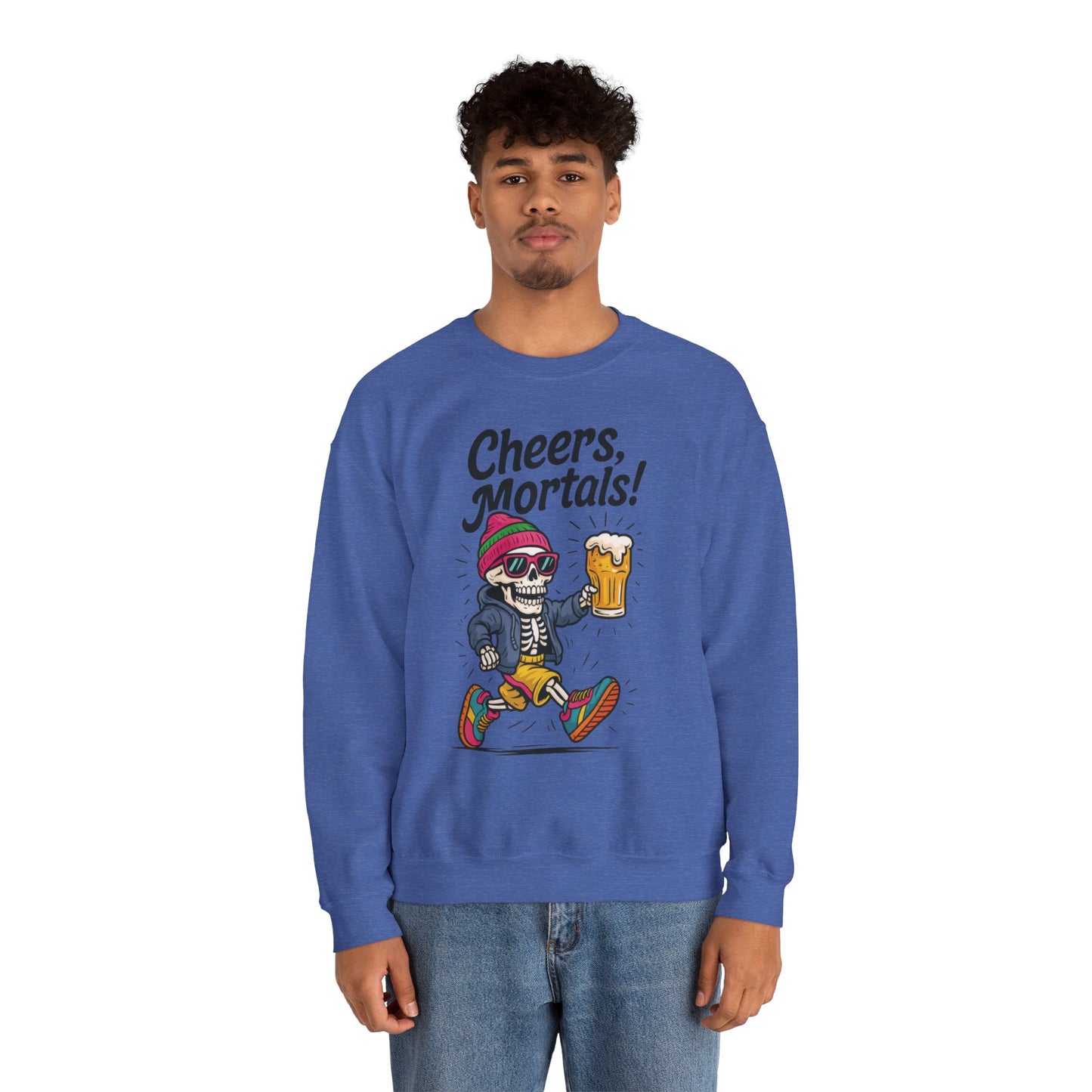 Cheers Mortals! Mens Crewneck Sweatshirt, Skeleton Beer Pullover with Hood, Drinking Humor Sweatshirt, Party Gift for Him, Halloween Apparel