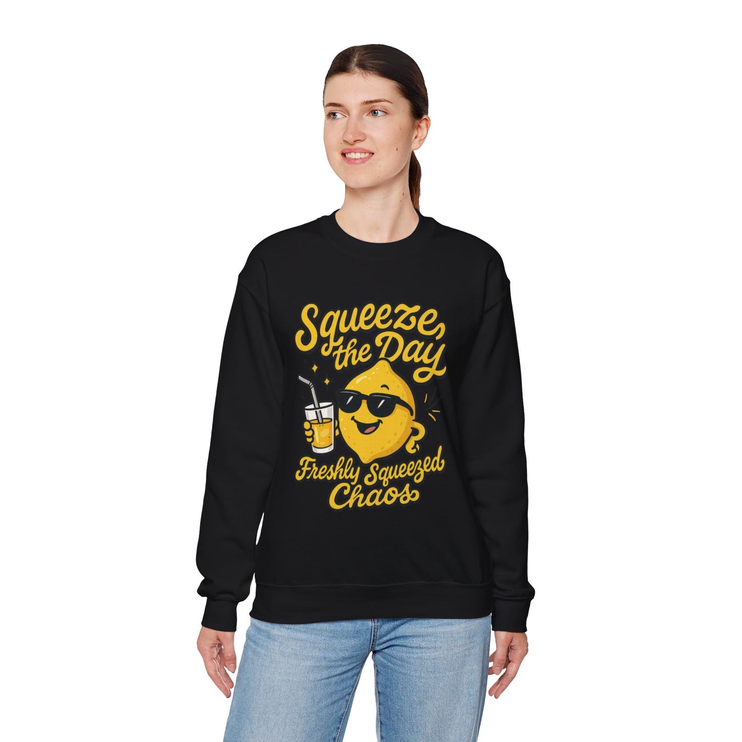 Funny Lemon Womens Sweatshirt - Squeeze The Day Freshly Squeezed Chaos Cozy Pullover - Citrus Positive Crewneck Sweatshirt, Cheerful Fashion