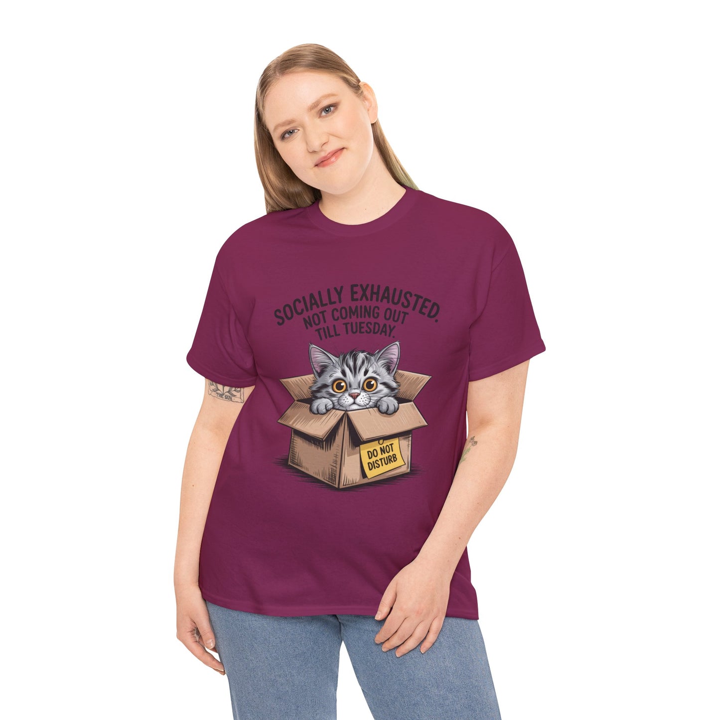 Socially Exhausted Cat Women's Tee, Funny Cat Shirt, Women's Graphic Tee, Gift for Introverts, Cute Animal T-Shirt, Weekend Wear
