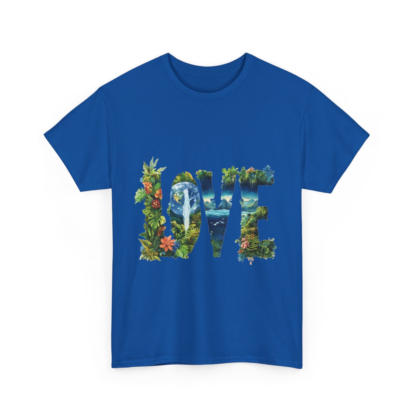 LOVE Nature Art Womens Heavy Cotton Tee, Earth Day Jungle Forest Graphic T-Shirt, Eco Friendly Gift Shirt, Nature-Inspired Love Tee
