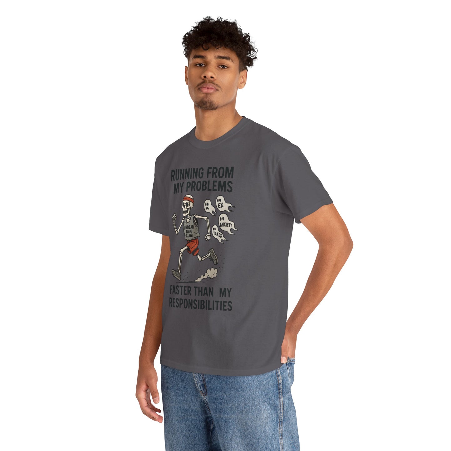 Skeleton Runner Tee for Men, Undead Jogging Club Shirt, Halloween T-Shirt, Gift for Runners, Anxiety Humor Gift