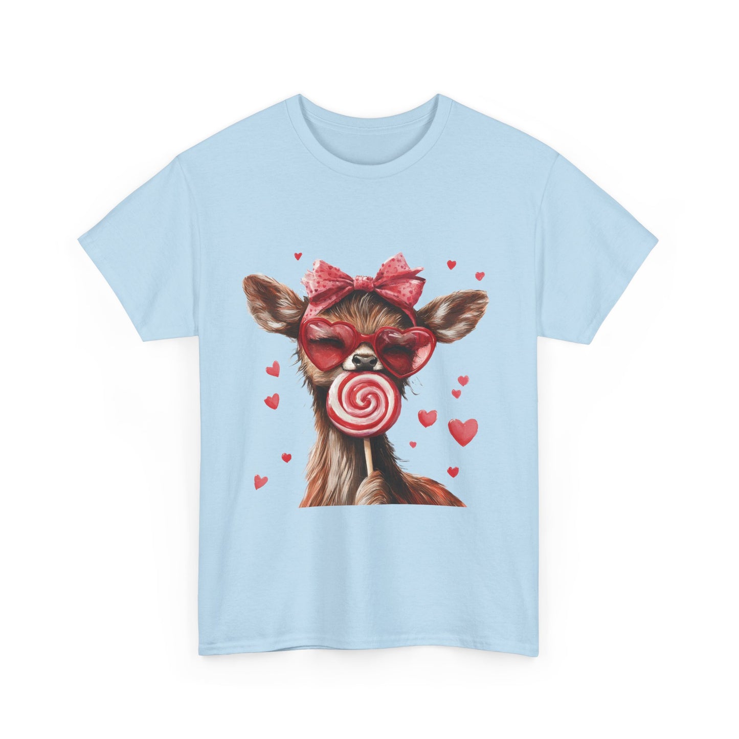 Cute Deer with Heart Glasses and Lollipop, Valentine's Day Heavy Cotton Tee, Fun Animal Love Shirt Gift for Her, Animal Lovers Shirt