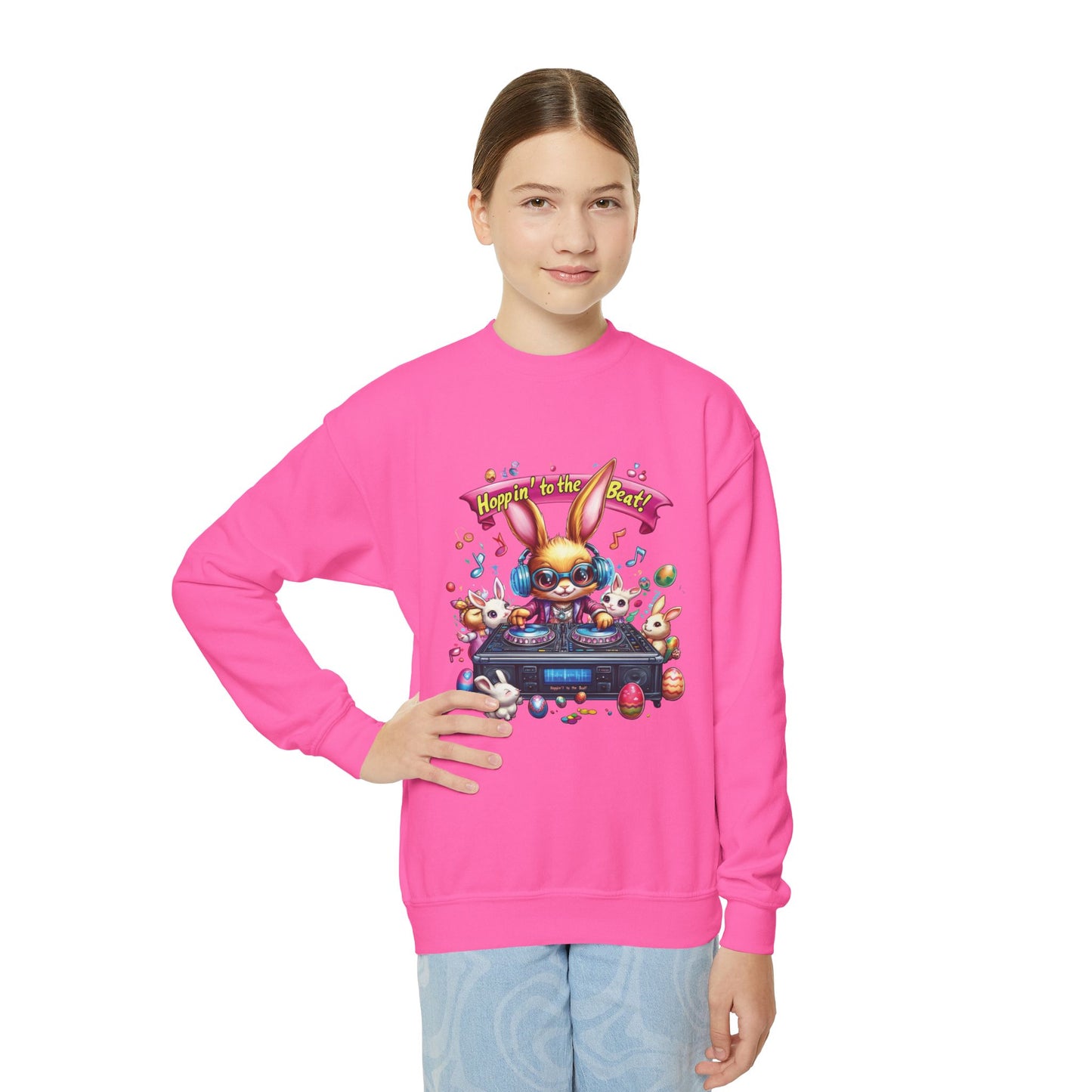DJ Bunny Easter Kids Sweatshirt - Fun Music Bunny Crewneck for Spring, Hoppin' to the Beat Design, Cute Gift for Easter & Parties