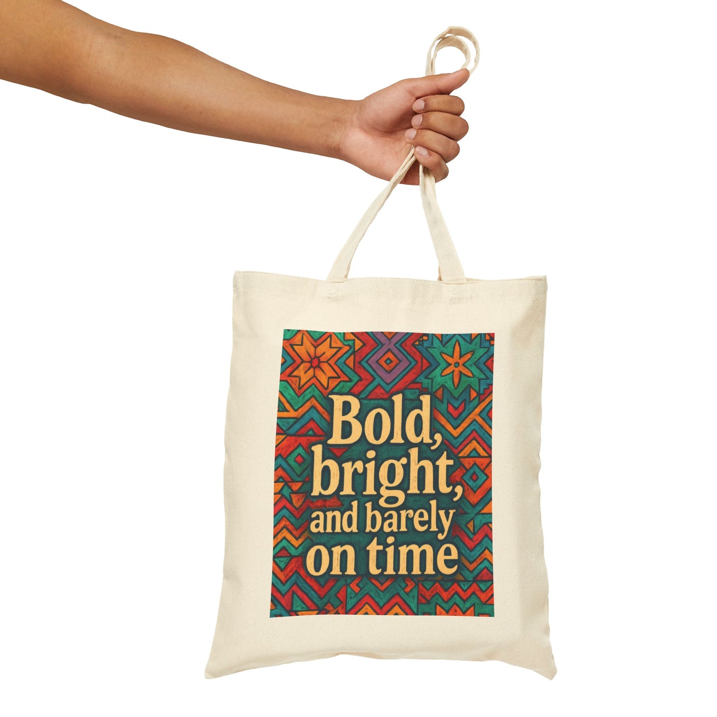 Bold Bright and Barely On Time Tote Bag, Colorful Retro Quote Canvas Bag, Funny Colorful Grocery Bag, Vibrant Motivational Text Print