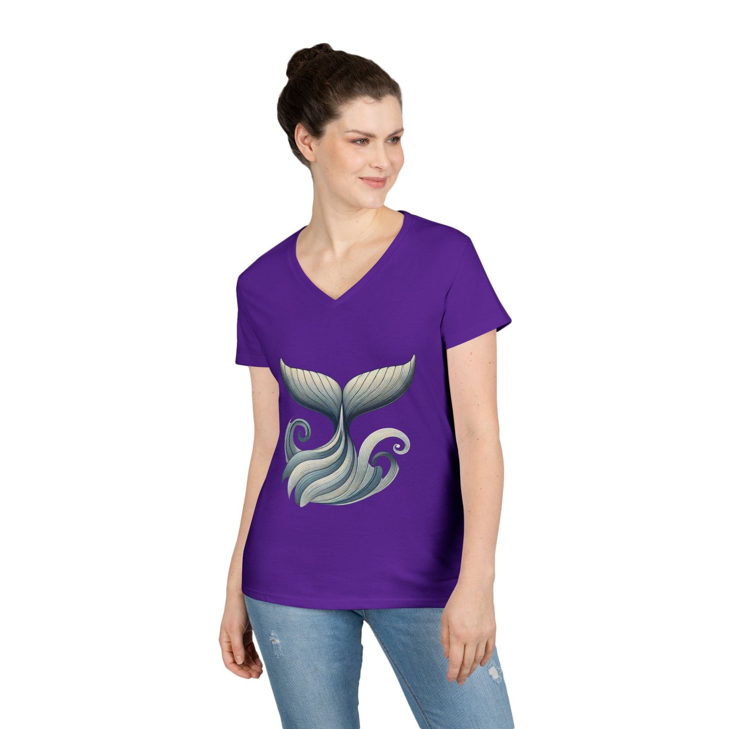 Whale Tail Ocean Wave Graphic V-Neck T-Shirt, Unisex Heavy Cotton Shirt for Sea Lovers, Ocean Lover Shirt, Summer Fashion Tee Gift