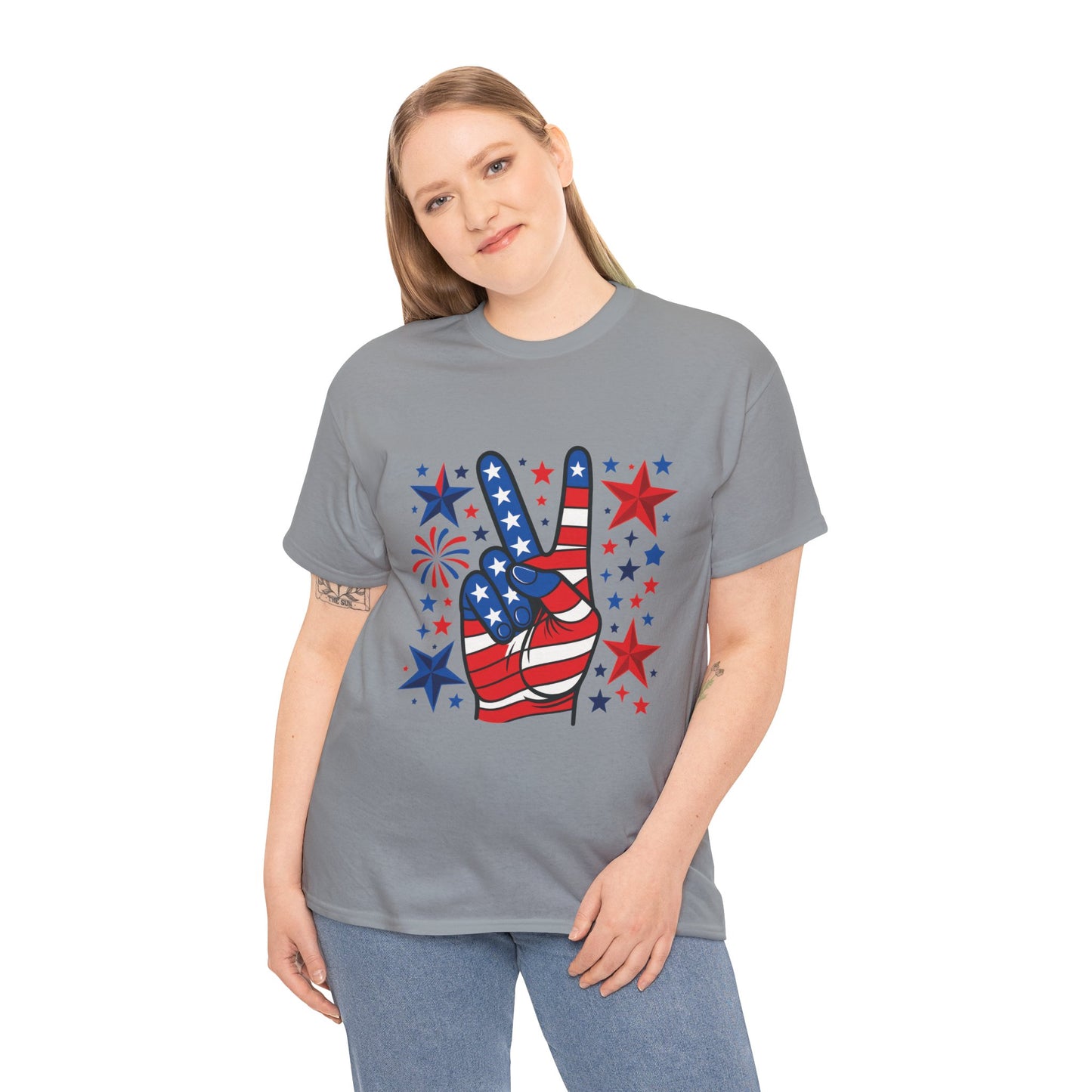 Patriotic Peace Hand Unisex Heavy Cotton Tee - Ideal for July 4th, Independence Day, Celebrations, Casual Wear, Everyday Style