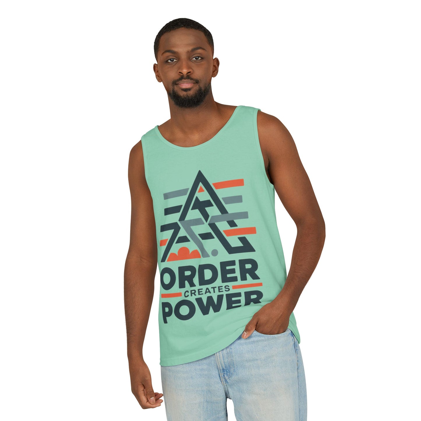 Mens Garment-Dyed Tank Top, Mens Tank Top Order Creates Power, Minimal Geometric Motivational Graphic Summer Shirt