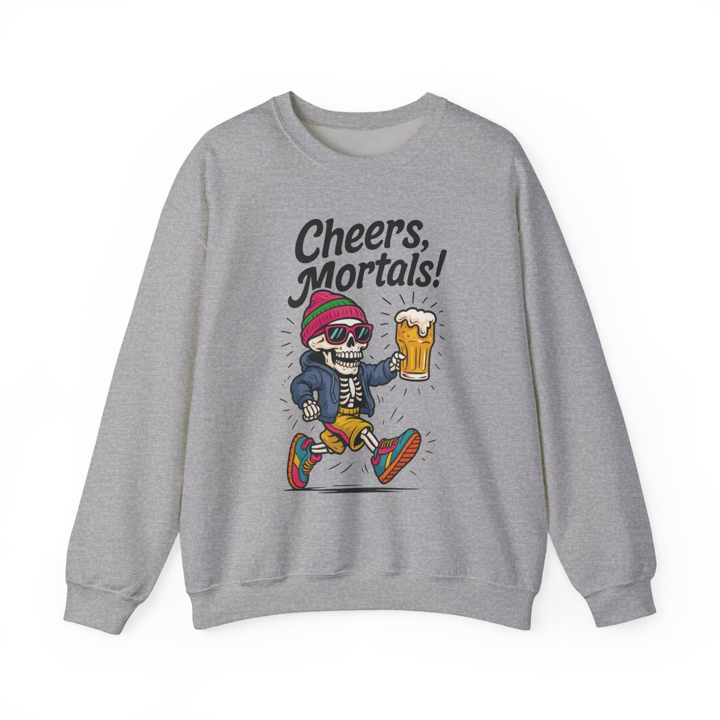 Cheers Mortals! Mens Crewneck Sweatshirt, Skeleton Beer Pullover with Hood, Drinking Humor Sweatshirt, Party Gift for Him, Halloween Apparel