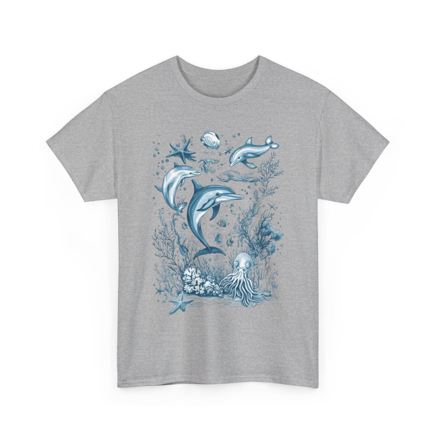 Ocean Life Dolphin T-Shirt, Women's Cotton Tee with Underwater Sea Creatures, Marine Nature Gift Shirt, Perfect for Beach Lovers