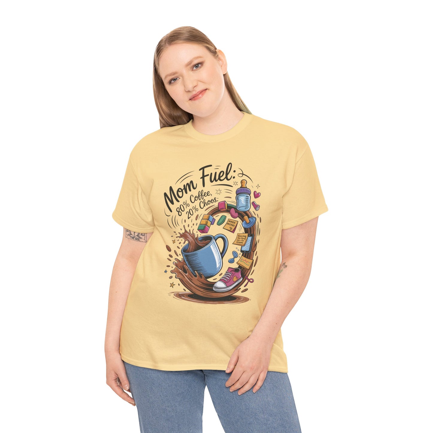 Mom Fuel Heavy Cotton Tee, Funny Coffee Lover T-Shirt, Gift for Moms, Mother's Day, Casual Wear, Pajama Top