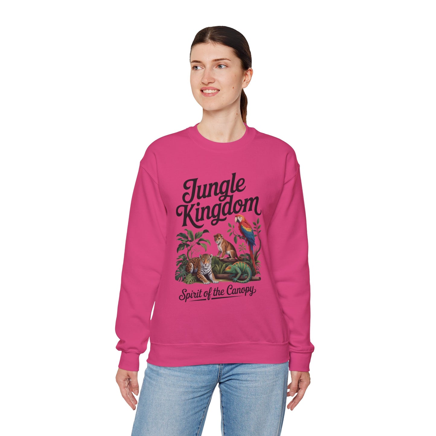 Jungle Kingdom Womens Sweatshirt, Cozy Jungle Crewneck, Nature Lover Gift, Wildlife Artwork, Eco-Conscious Apparel, Animal Enthusiast Clothing