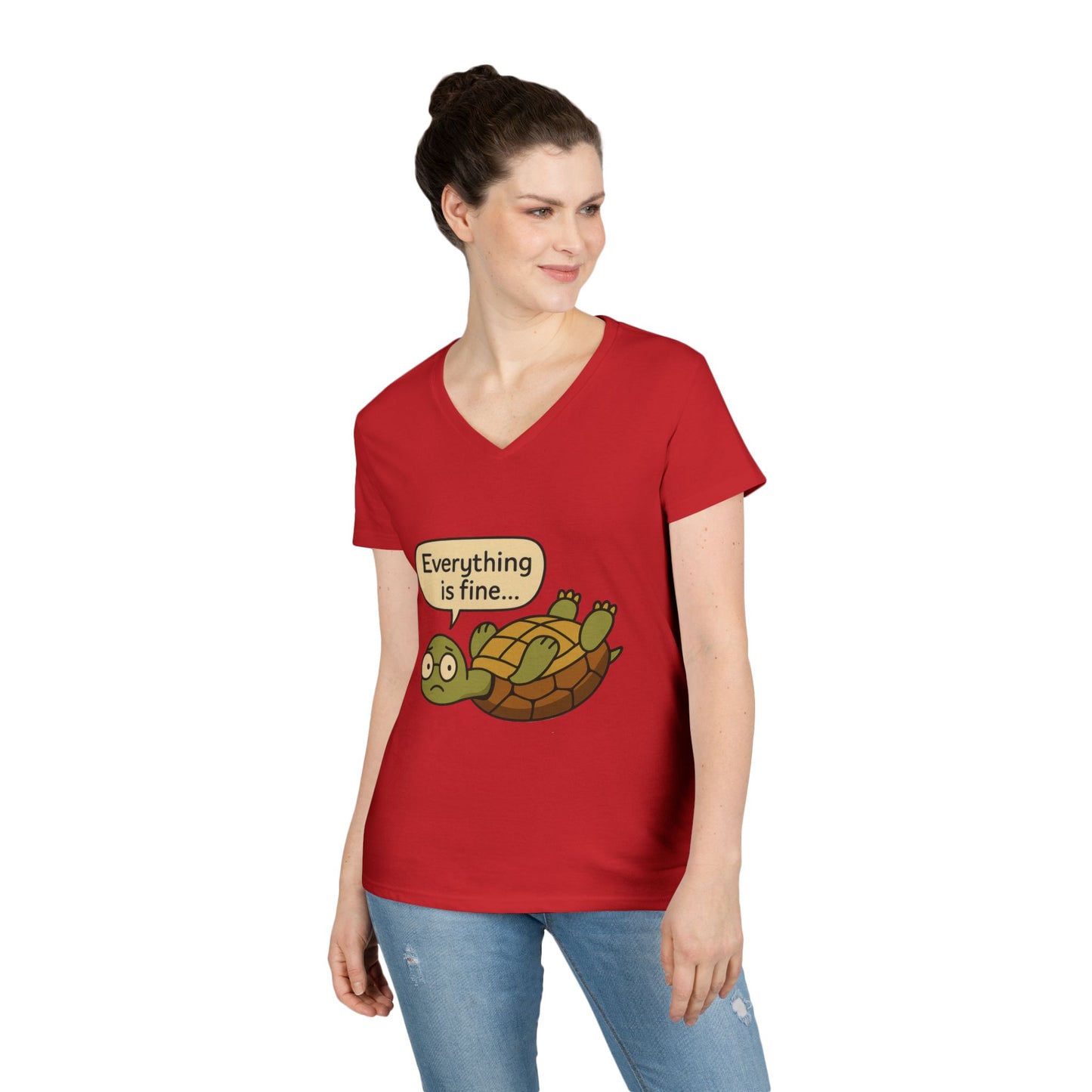 Cute & Comfy Turtle V-Neck T-Shirt - "Everything is fine..." design, Gift for Animal Lovers, Casual Wear, Fun Quotes, Positive message tee