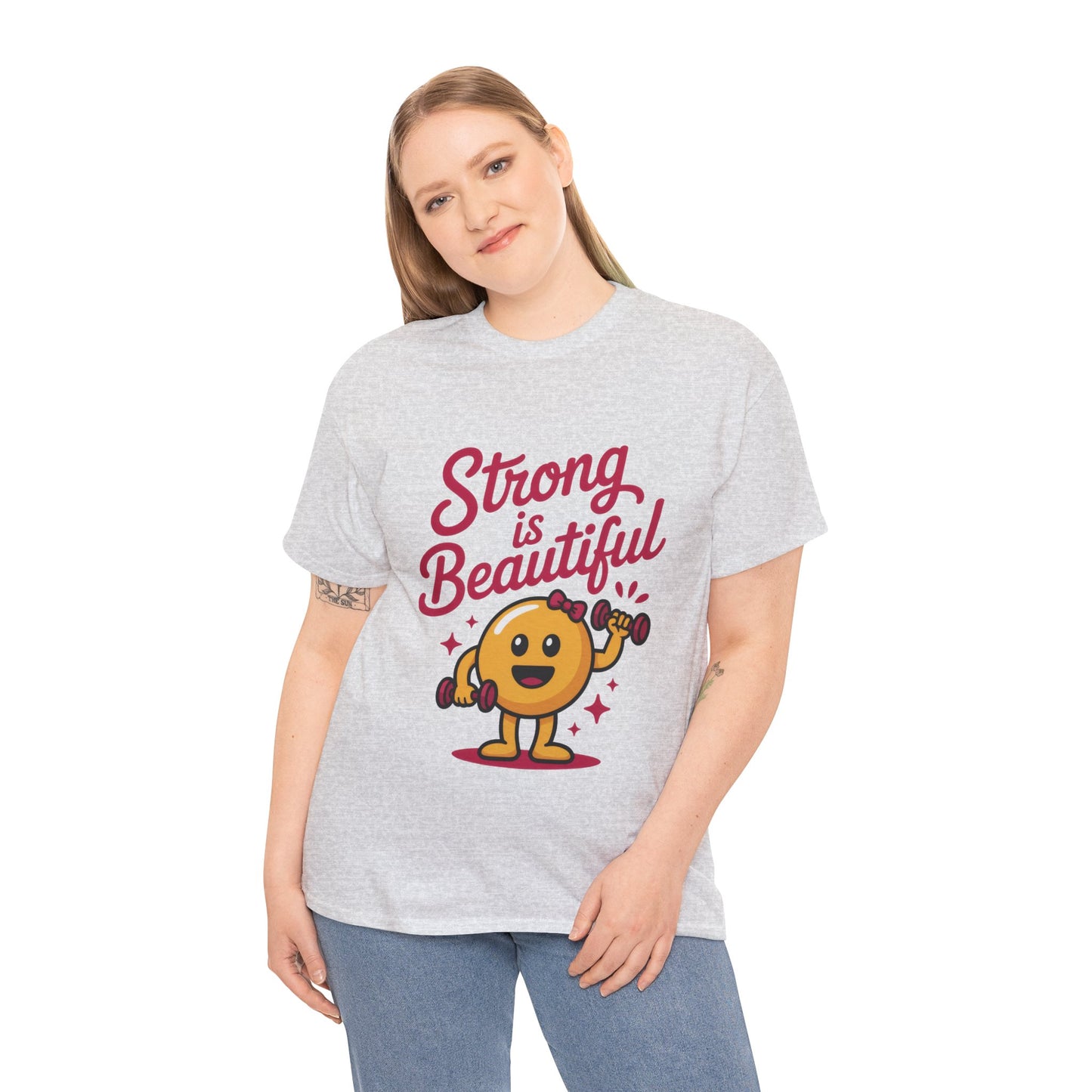 Strong is Beautiful Womens T-Shirt, Cute Fitness Character Graphic Tee, Inspirational Workout Shirt, Gym Motivation Gift for Her