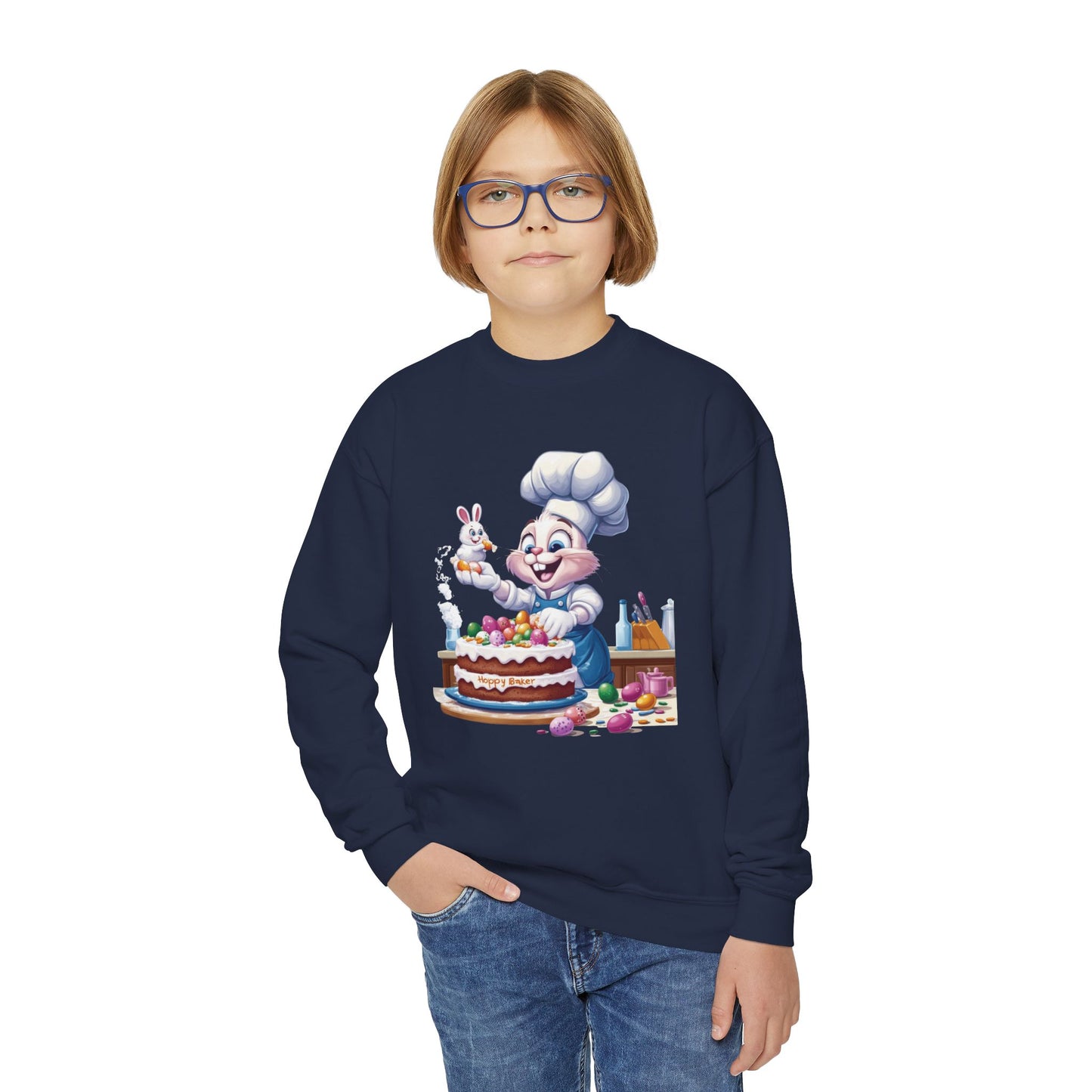 Hoppy Baker Easter Bunny Youth Sweatshirt - Cute Spring Crewneck for Kids with Chef Bunny and Cake, Fun Holiday Gift for Easter Lovers