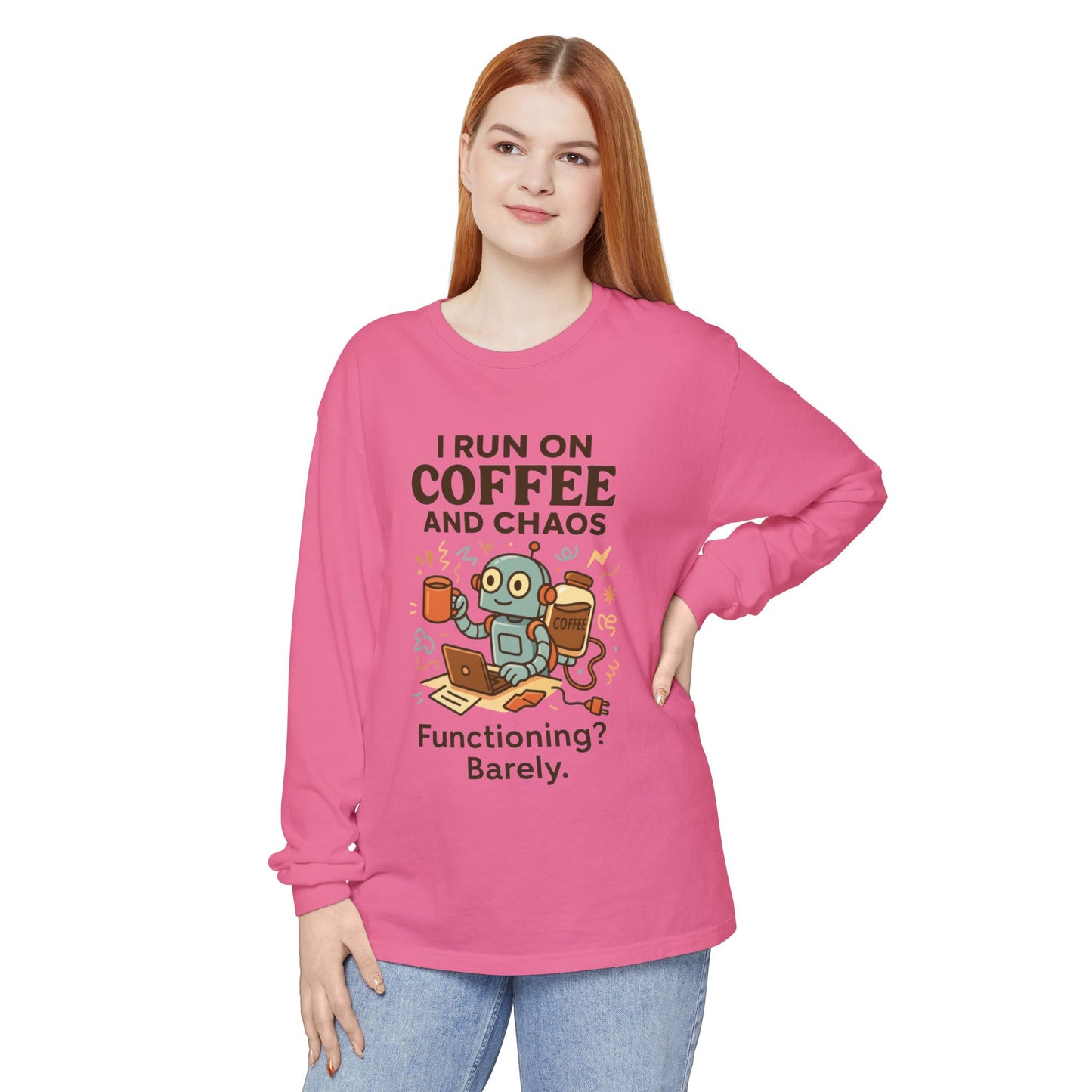 Coffee Chaos Long Sleeve Tee, Funny T-Shirt, Quirky Gift for Coffee Lovers, Unisex Top for Busy Lives, Work from Home Humor Tee
