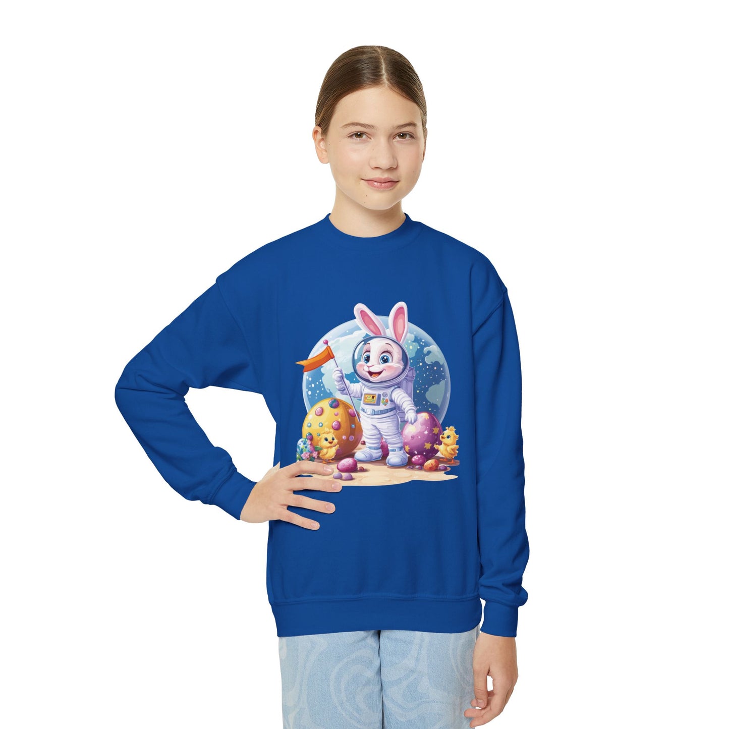 Astronaut Easter Bunny Youth Sweatshirt, Space Bunny Galaxy Crewneck for Kids, Cute Space Easter Gift for Boys & Girls, Fun Space Themed