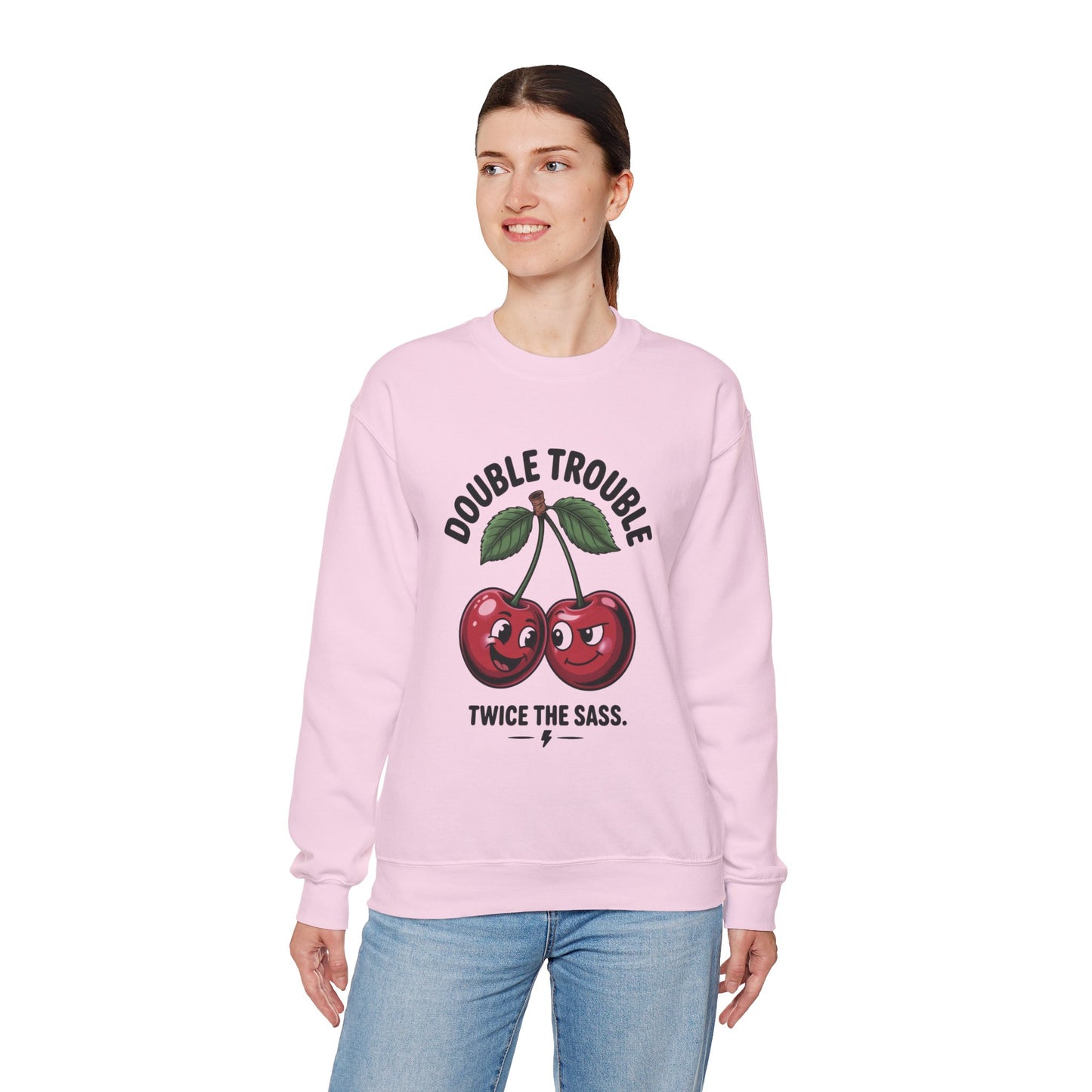 Double Trouble Cherry Sweatshirt, Cute Funny Womens Pullover, Twice The Sass Fruit Graphic Sweater, Playful Red Cherry Crewneck