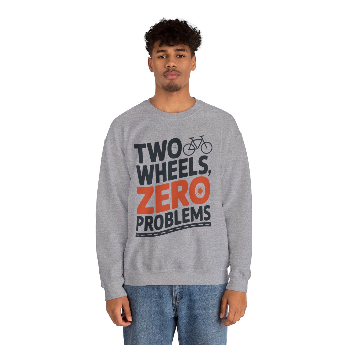 Men's Heavy Blend™ Crewneck Sweatshirt, Two Wheels Zero Problems Mens Casual Biker Sweatshirt, Gift for Cyclists