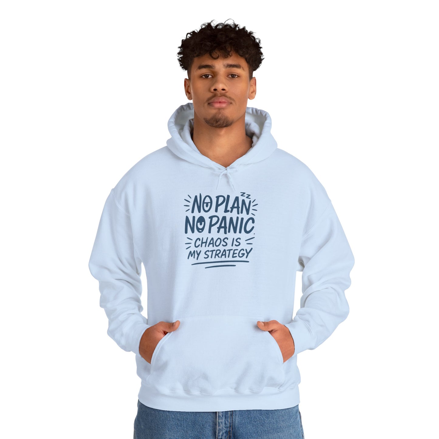 Funny Chaos Strategy Mens Hoodie, No Plan No Panic Quote Hoodie, Cozy Relaxed Fit Pullover, Humorous Gift for Him, Unisex Pullover