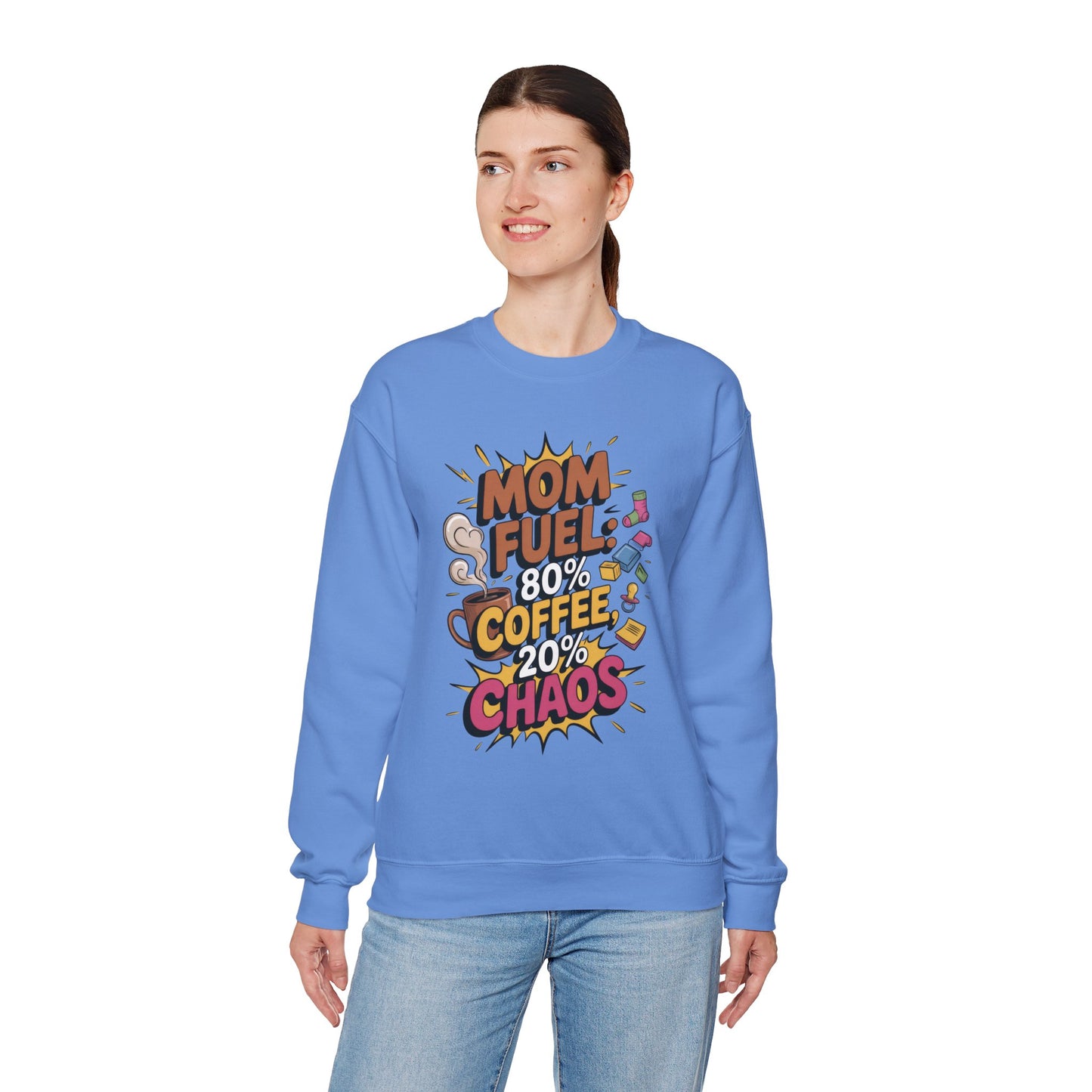 Funny Mom Fuel Sweatshirt, Perfect Gift for Moms, Chaos & Caffeine, Mother's Day Apparel, Funny Tired Mom Life Sweatshirt, Coffee Loving Mom