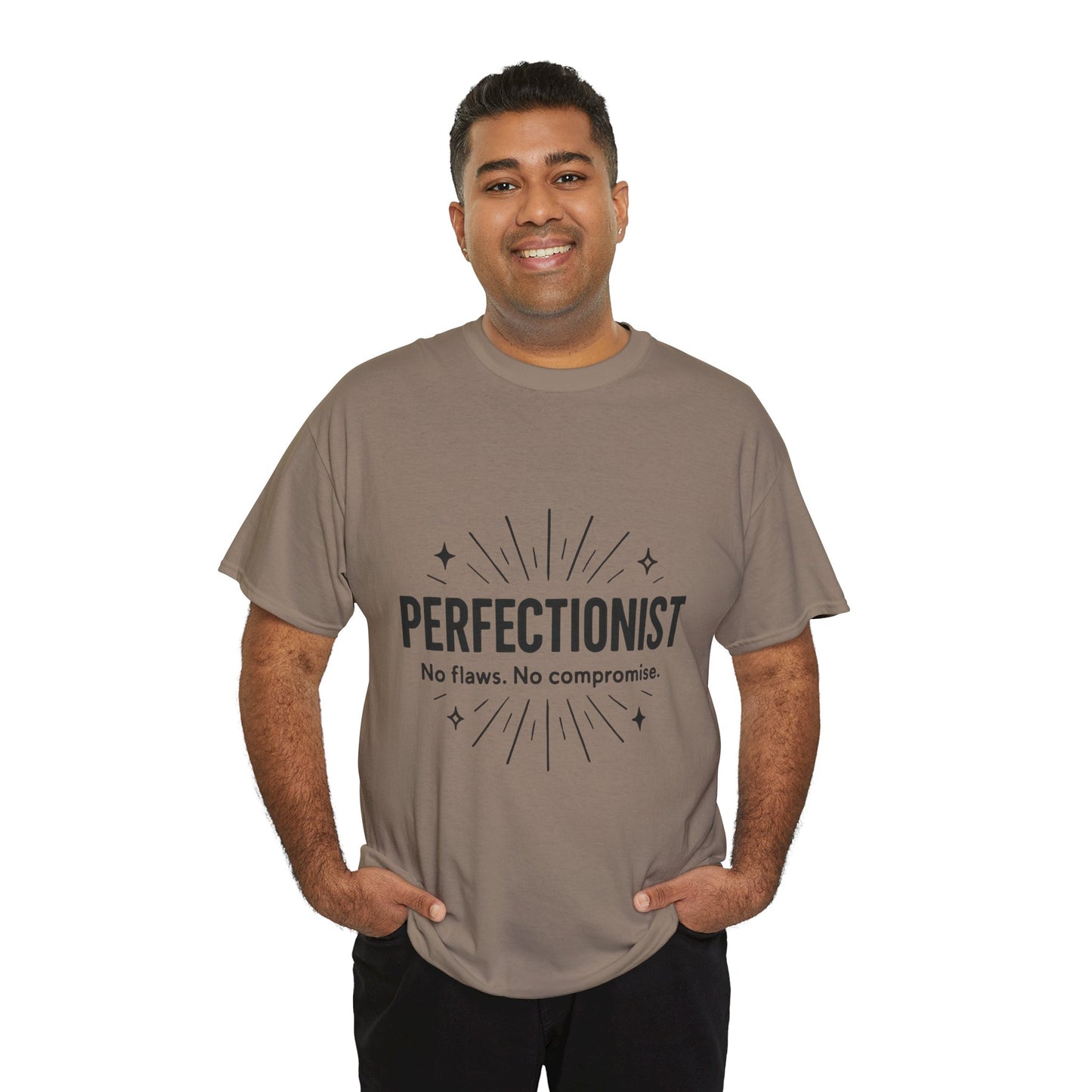 Mens Perfectionist T-Shirt, No Flaws No Compromise, Minimal Bold Graphic Tee, Gift for OCD, Clean Freak, or Detail-Oriented Men