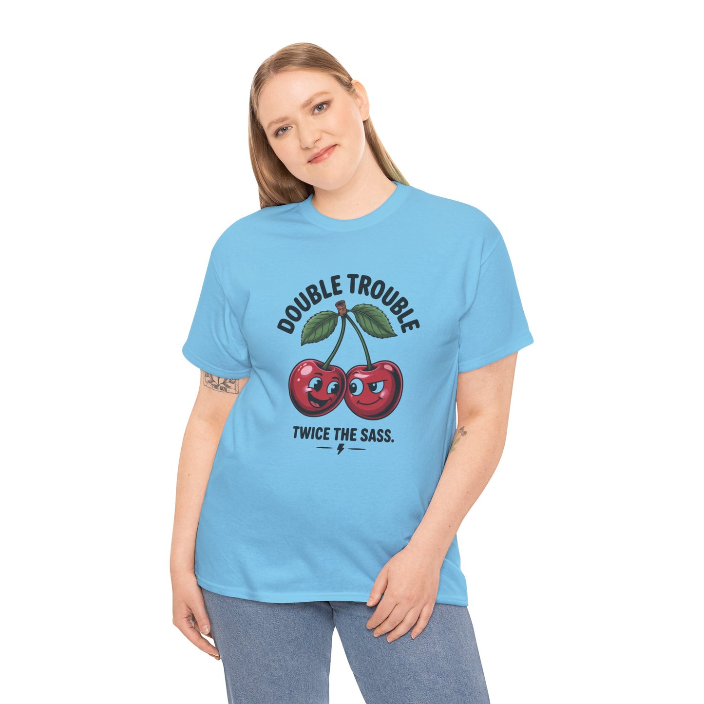 Double Trouble Cherry Graphic Tee, Funny Cute Womens T-Shirt, Twice the Sass Quote Shirt, Sassy Cherry Cartoon Gift