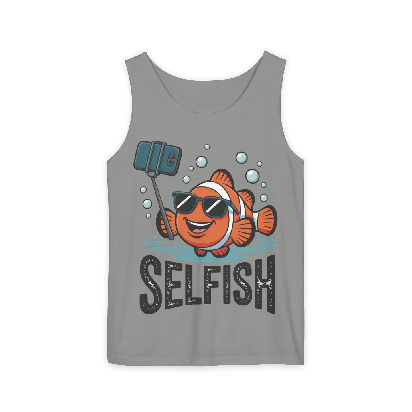 Mens Garment-Dyed Tank Top, Mens Selfish Funny Fish Tank Top, Cute Selfie Graphic Shirt, Ocean Humor Top
