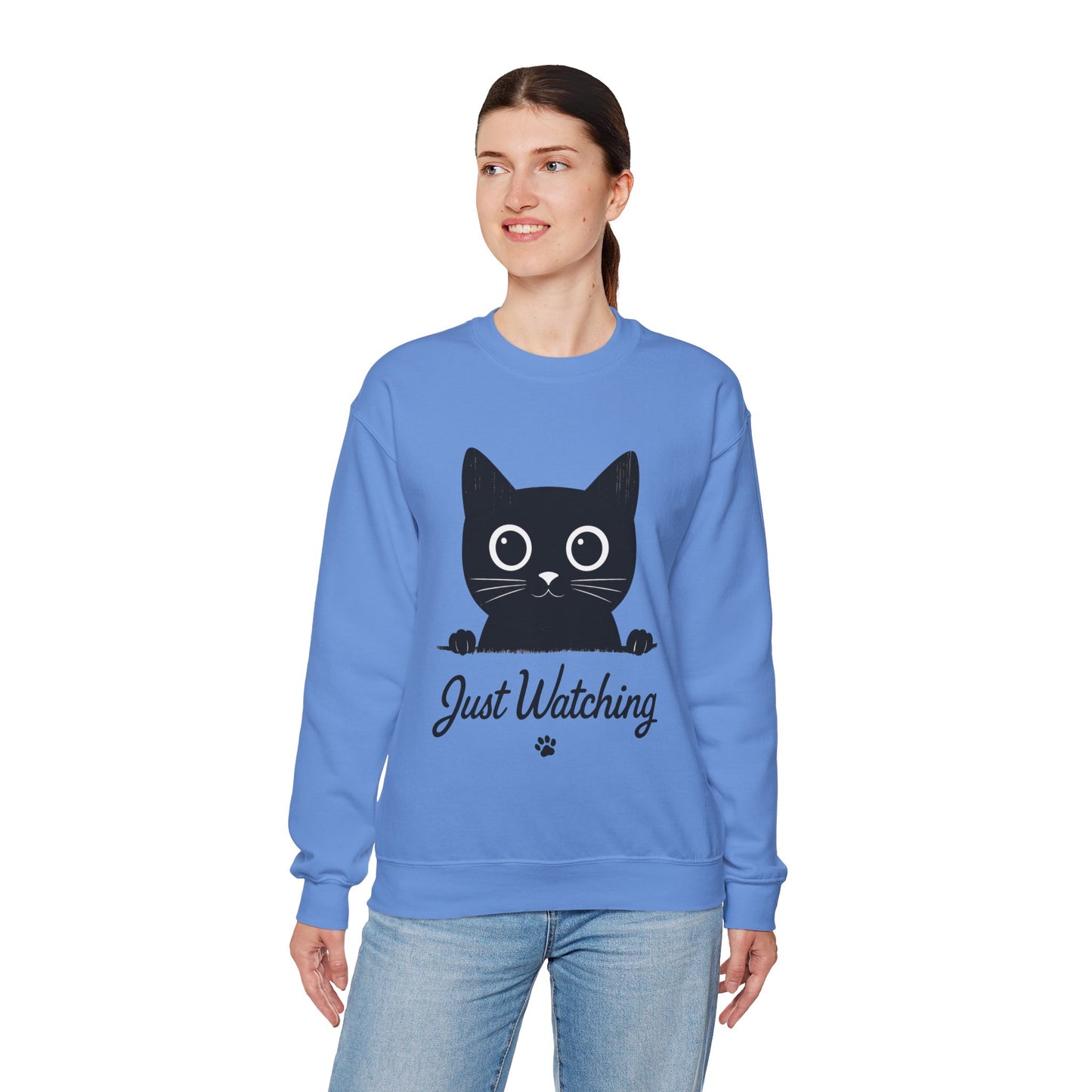 Funny Black Cat Womens Crewneck Sweatshirt - Just Watching Minimalist Kitty Pullover - Cozy Cat Lover Gift, Pet Owner Apparel