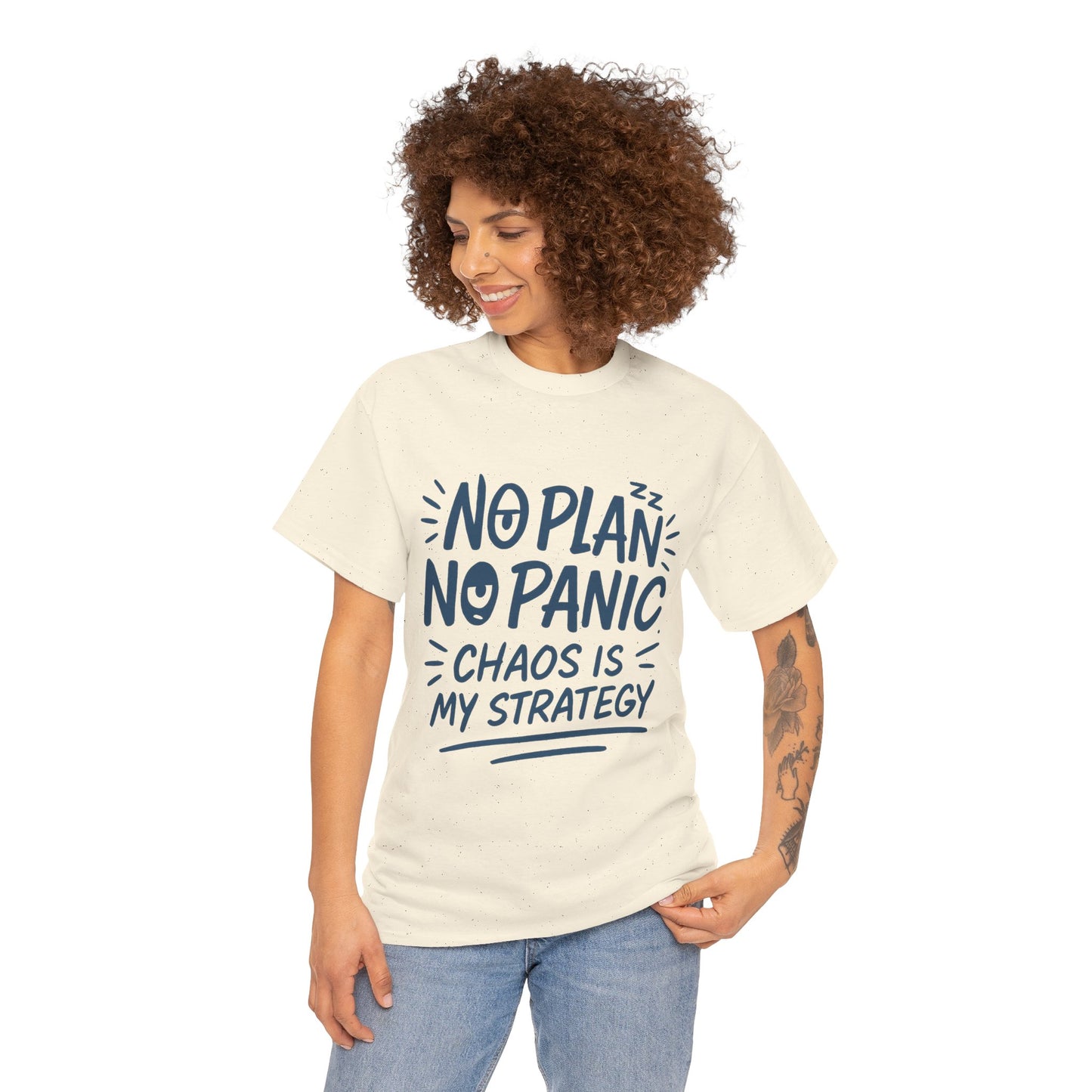 Funny Chaos Strategy T-Shirt, No Plan No Panic Quote Shirt, Cute Tee for Women, Humorous Gift Idea, Casual Relaxed Fit Top