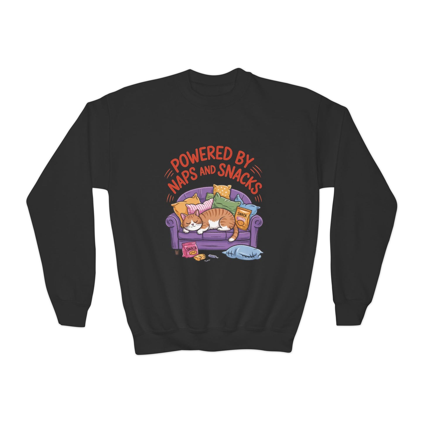 Youth Sweatshirt - Powered by Naps and Snacks, Cozy Apparel for Kids, Perfect for Chill Days, Gift for Cat Lovers, Funny Sweatshirt