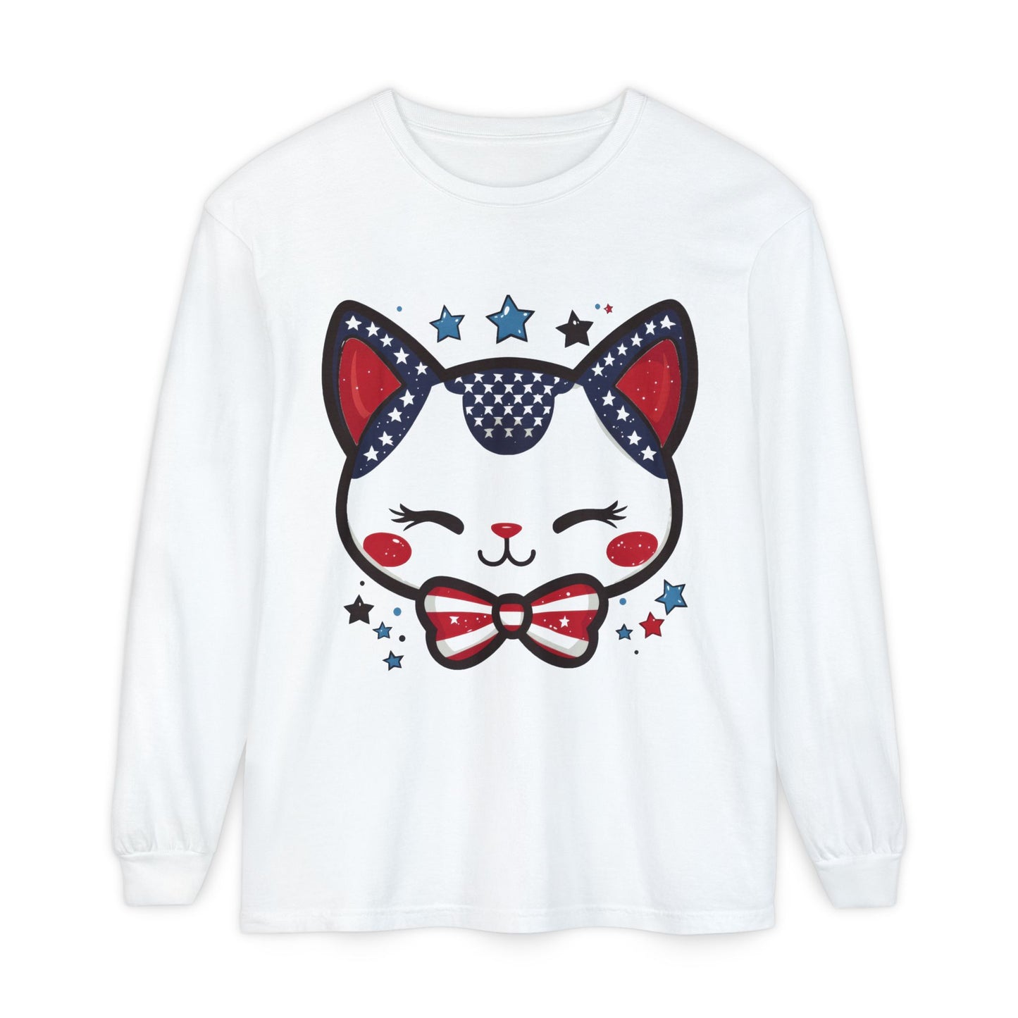 Cute Patriotic Cat Long Sleeve Women's T-Shirt, Fourth of July, Cat Lovers Gift, Casual Wear, Perfect for Holidays and Celebrations