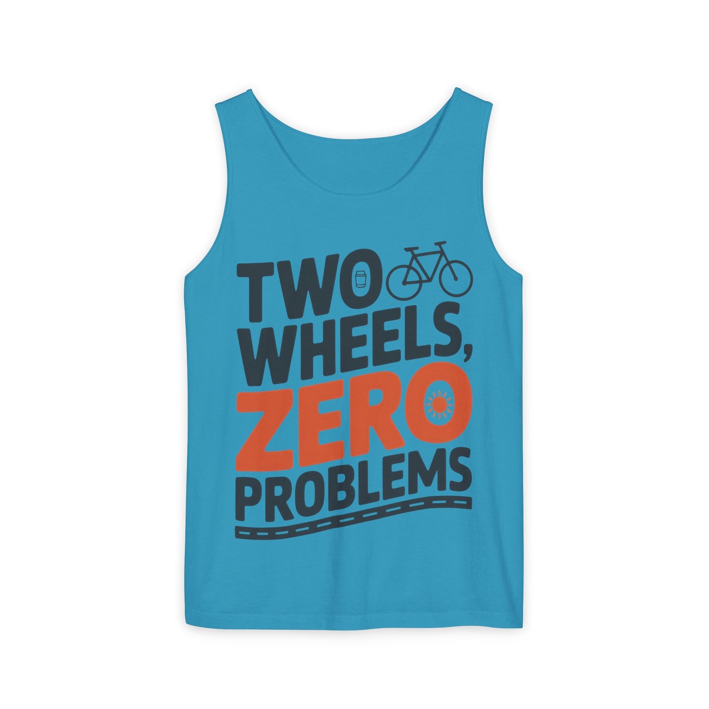 Mens Garment-Dyed Tank Top, Two Wheels Zero Problems Mens Cycling Graphic Tank, Gift for Cyclists