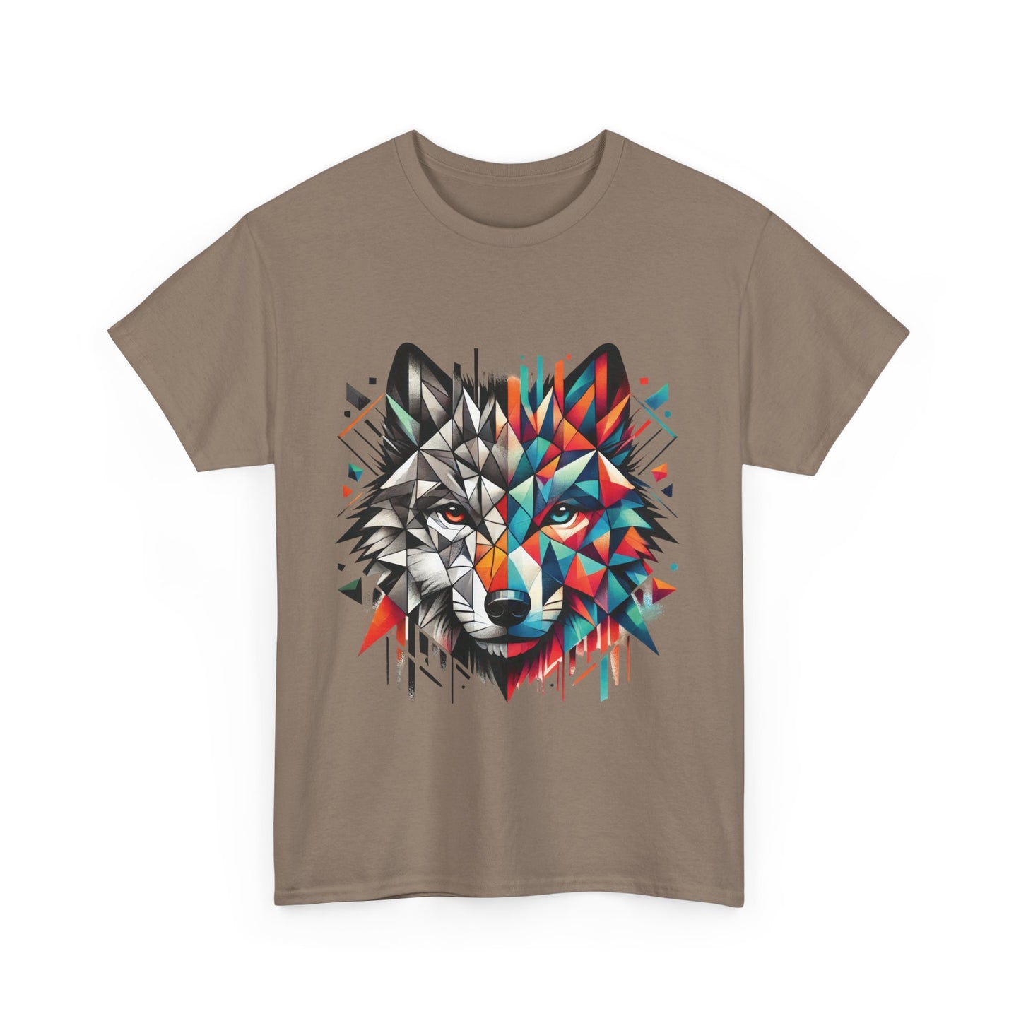 Geometric Wolf Tee, Heavy Cotton T-Shirt, Wildlife Lover Apparel, Unique Nature Wear, Artistic Wolf Design Tee