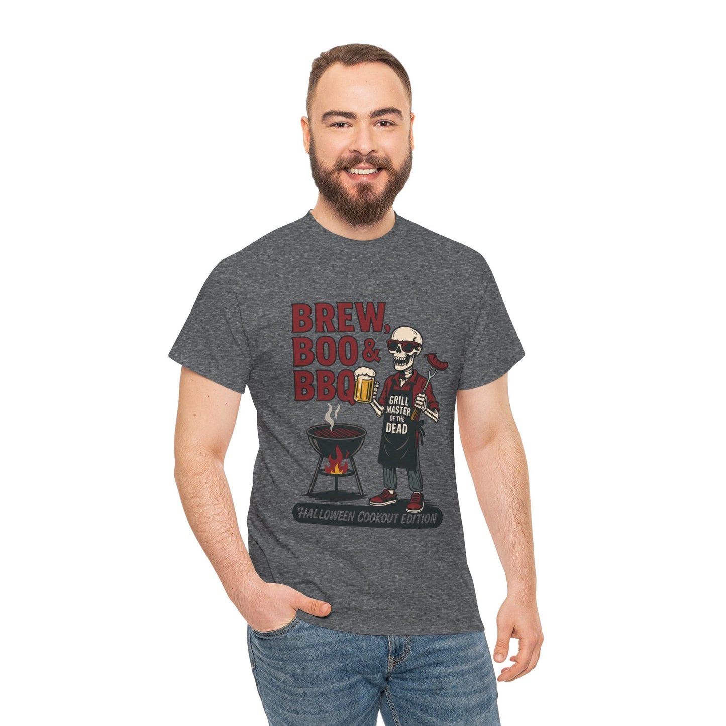 Halloween BBQ Men's T-Shirt, Brew Boo & BBQ Skeleton Grill Master Tee, Funny Dad Gift, Grill Master Tee, Grill Dad Halloween