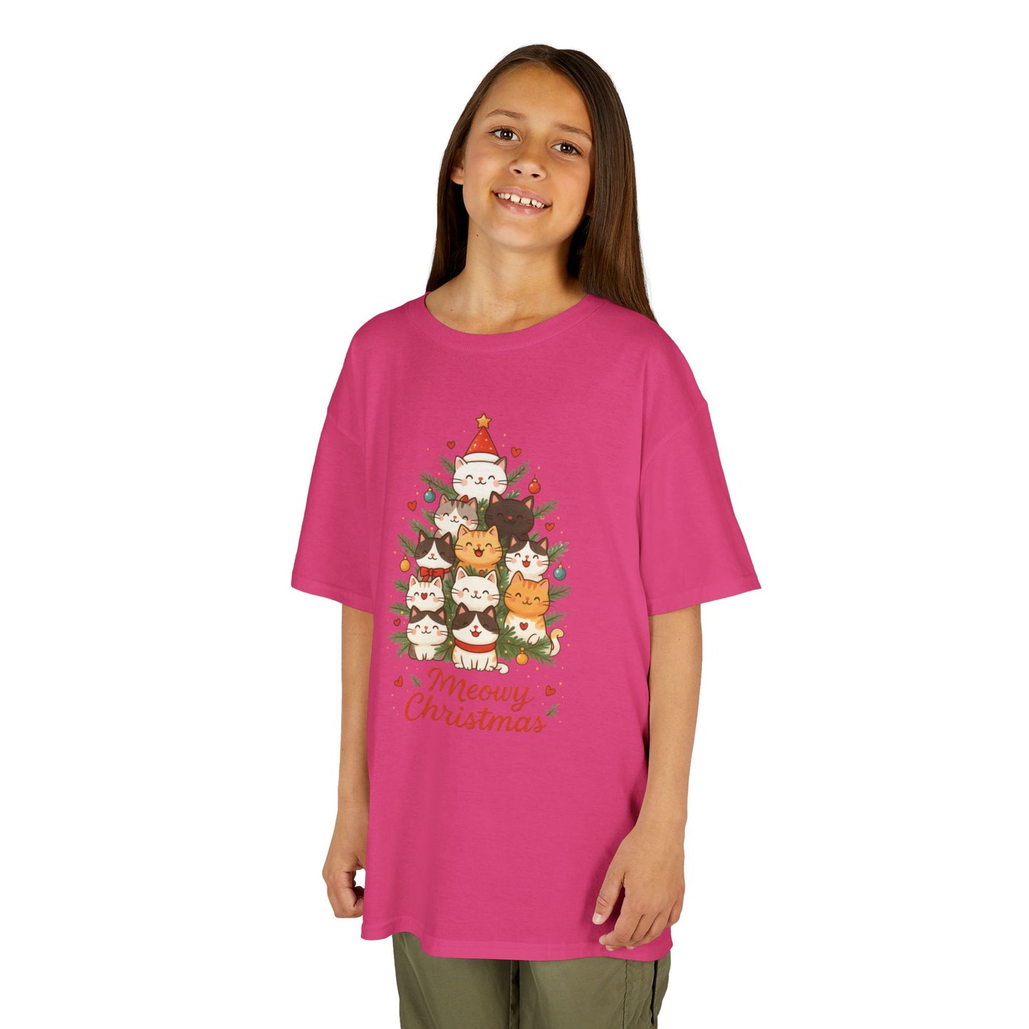 Youth Meowy Christmas Cat T-Shirt, Cute Kids Holiday Kitty Tee