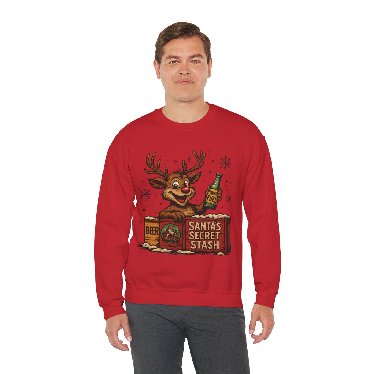 Mens Funny Christmas Sweatshirt, Santa's Secret Stash Reindeer Pullover, Men's Heavy Blend™ Crewneck Sweatshirt