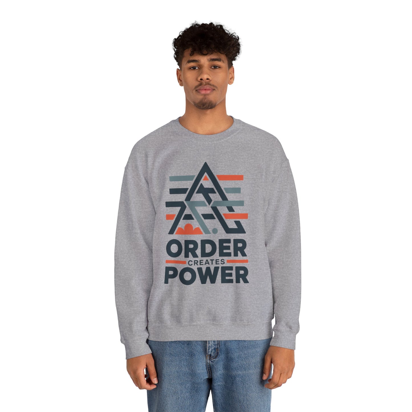 Men's Sweatshirt Order Creates Power, Minimal Geometric Motivational Graphic Pullover, Heavy Blend™ Crewneck Sweatshirt