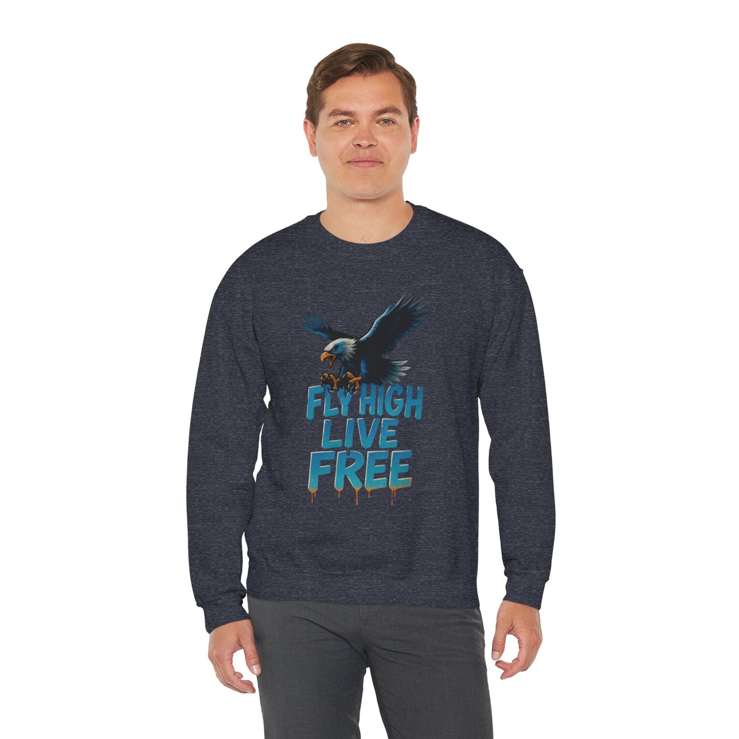Mens Heavy Blend™ Crewneck Sweatshirt, Fly High Live Free Mens Eagle Graphic Sweatshirt