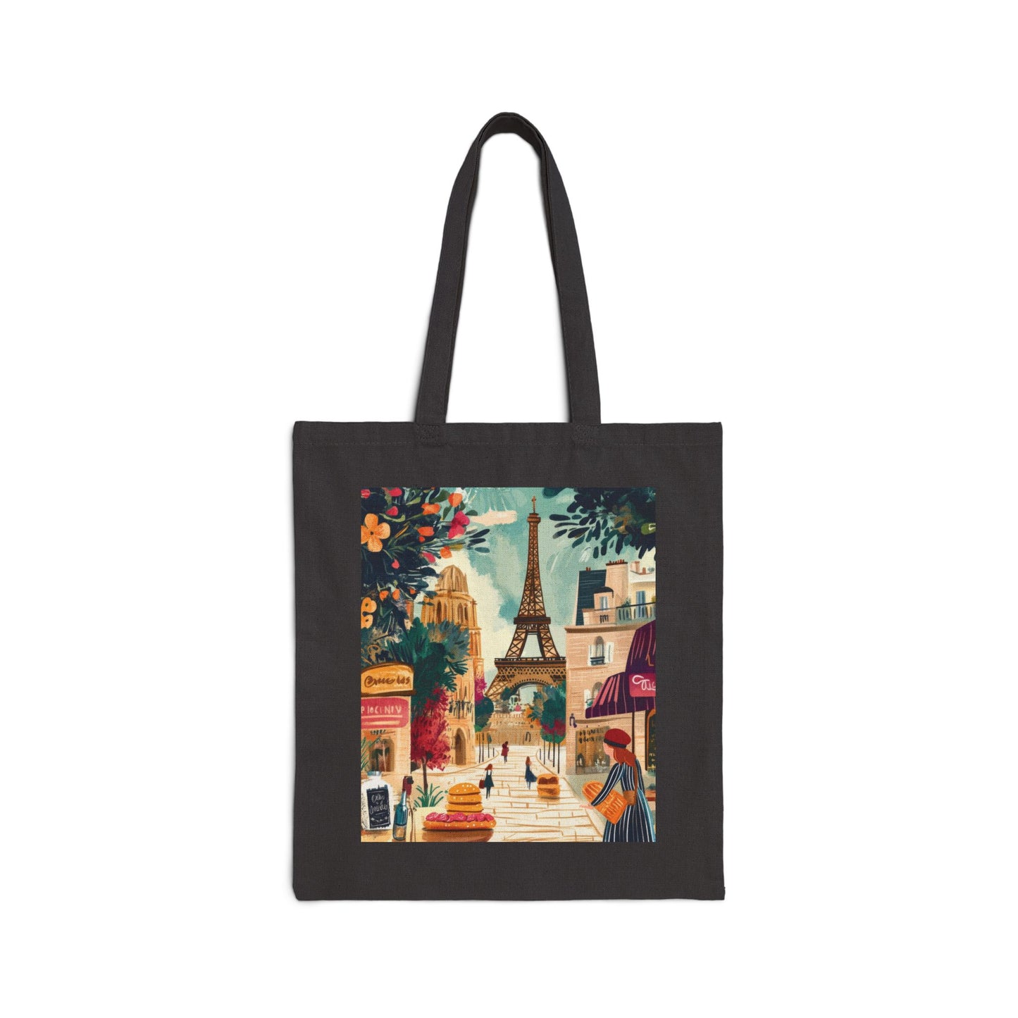 Parisian Scene Cotton Canvas Tote Bag, Eco-Friendly Shopping Tote, Travel Bag, Gift for Her, Fashionable Carryall