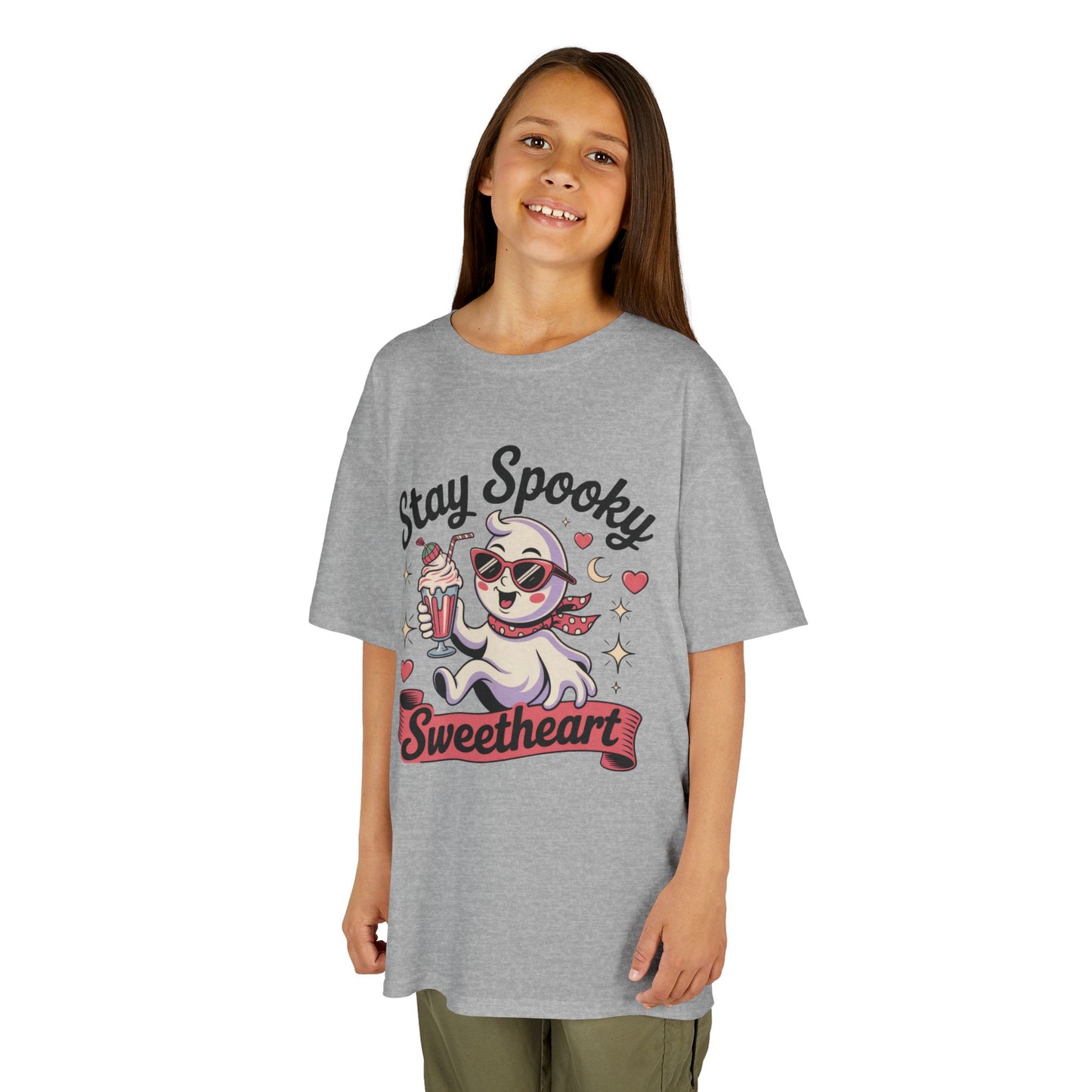 Girls Halloween Ghost T-Shirt, Stay Spooky Sweetheart Tee for Kids, Cute Retro Style Tween Girl Outfit Gift, Kids Heavy Cotton™ Tee