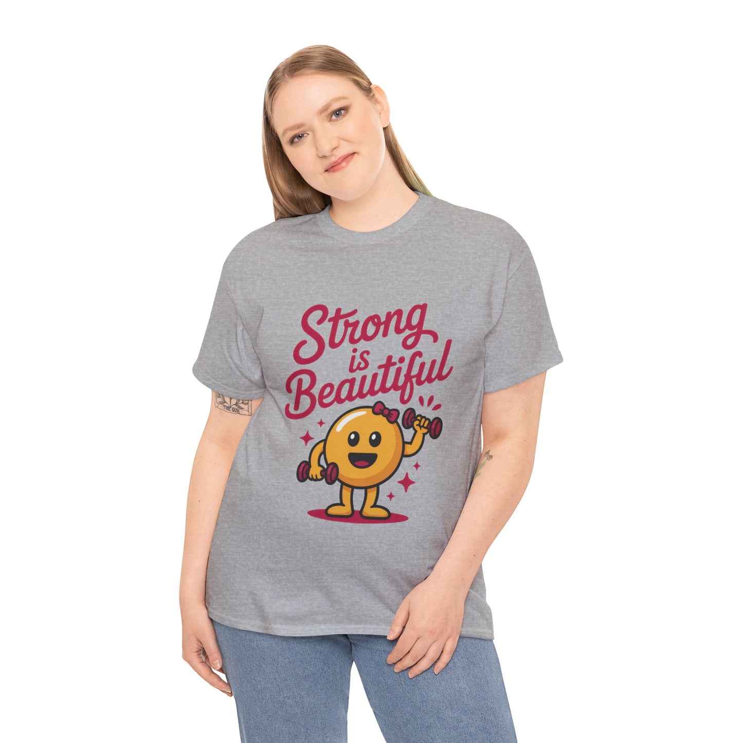 Strong is Beautiful Womens T-Shirt, Cute Fitness Character Graphic Tee, Inspirational Workout Shirt, Gym Motivation Gift for Her