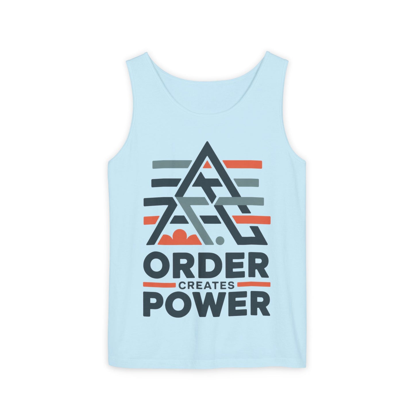 Mens Garment-Dyed Tank Top, Mens Tank Top Order Creates Power, Minimal Geometric Motivational Graphic Summer Shirt