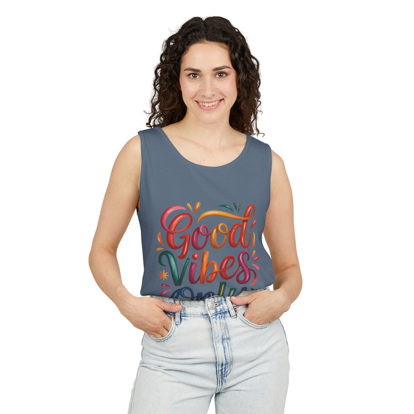 Good Vibes Only Unisex Garment-Dyed Tank Top, Summer Casual Wear, Festival Outfit, Beach Day Tee, Gift for Friends, Positive Vibes Apparel