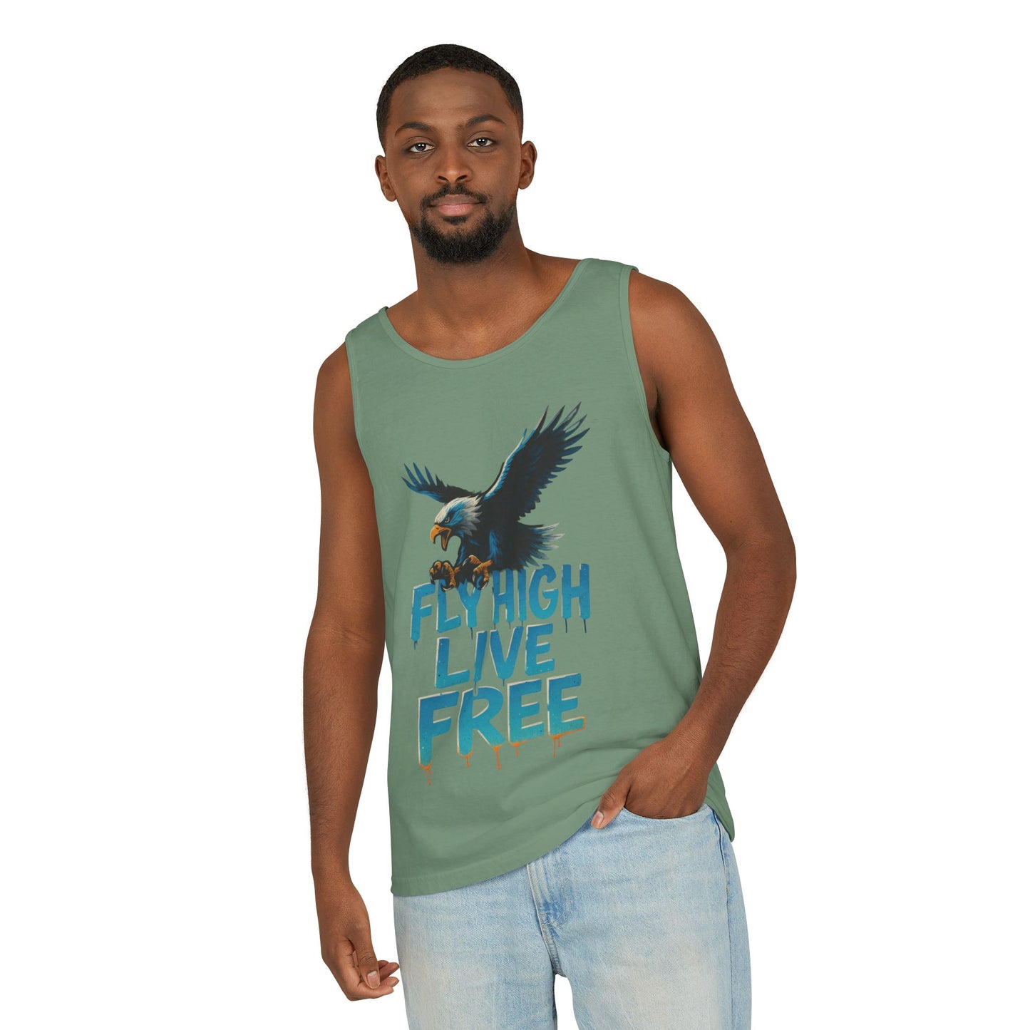 Mens Garment-Dyed Tank Top, Fly High Live Free Eagle Mens Tank Top Gym Wear